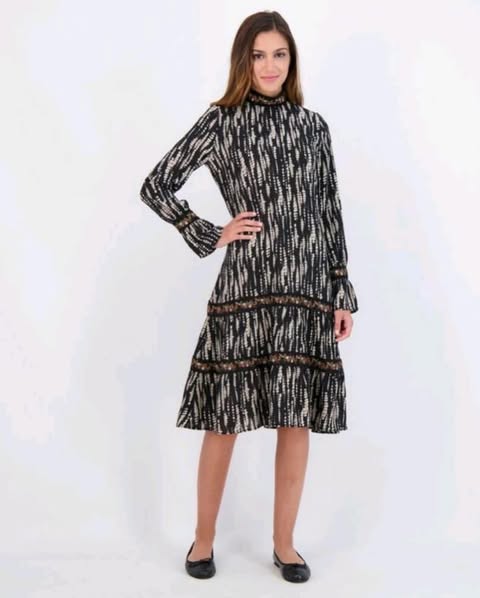 Abstract Black & Cream Tiered Midi Dress - High Neck & Long Sleeve - Image 2