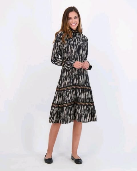 Abstract Black & Cream Tiered Midi Dress - High Neck & Long Sleeve