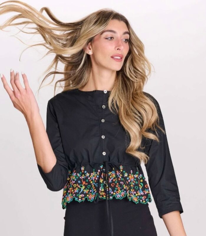 Black Embroidered Peplum Top with Drawstring Waist - Long Sleeve