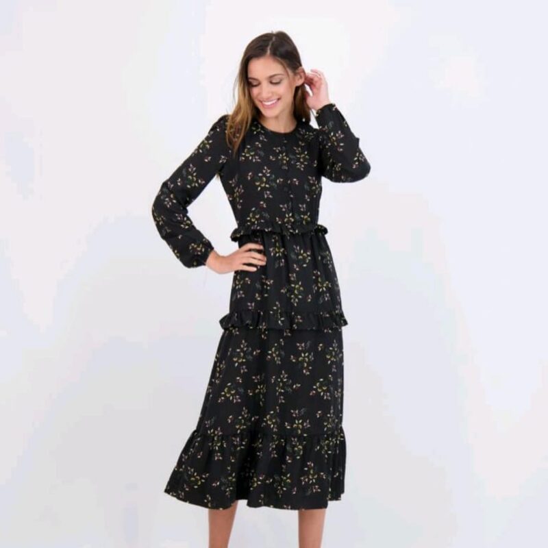 Black Floral Ruffled Midi Dress - Long Sleeve & Tie-Waist - Image 2