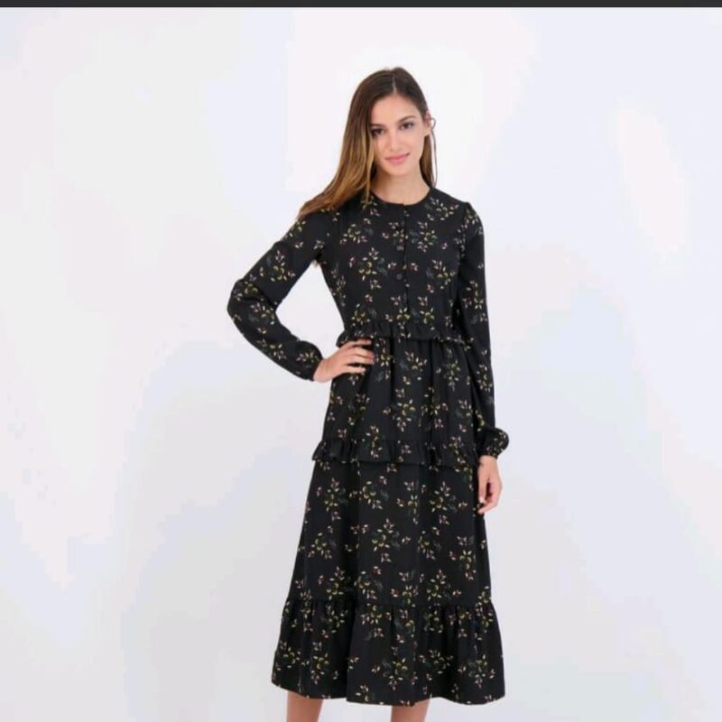 Black Floral Ruffled Midi Dress - Long Sleeve & Tie-Waist