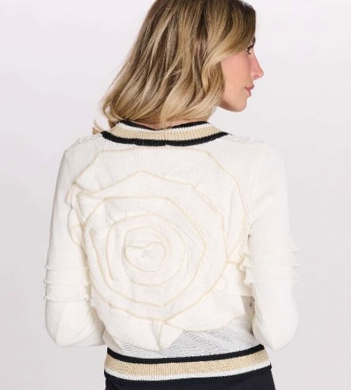 Chic White Cropped Cardigan with Black & Gold Trim - Image 2