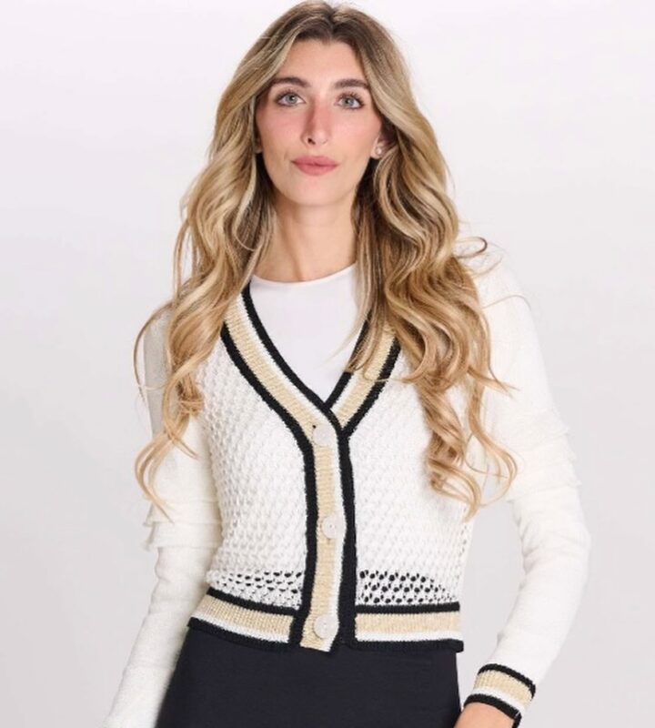 Chic White Cropped Cardigan with Black & Gold Trim