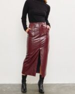 Edgy Burgundy Patent Slit Midi Skirt - Image 2