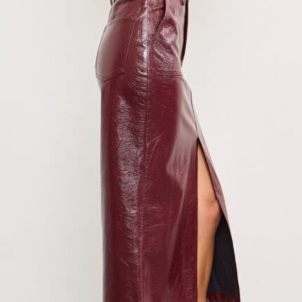 Edgy Burgundy Patent Slit Midi Skirt