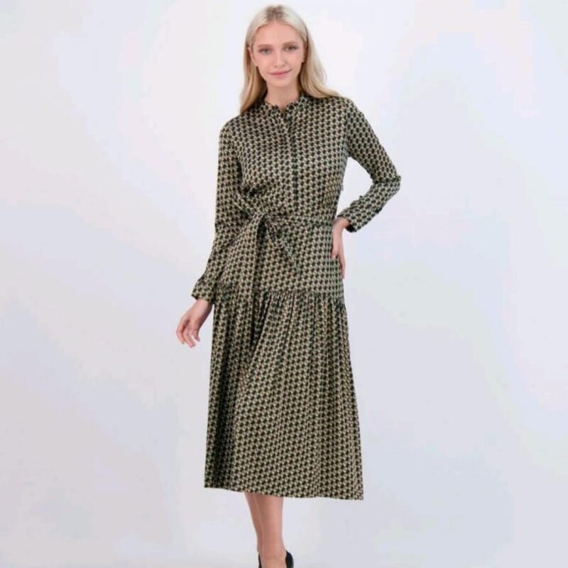 Geometric Print Shirtdress - Elegant Long Sleeve Midi with Tie-Waist - Image 2