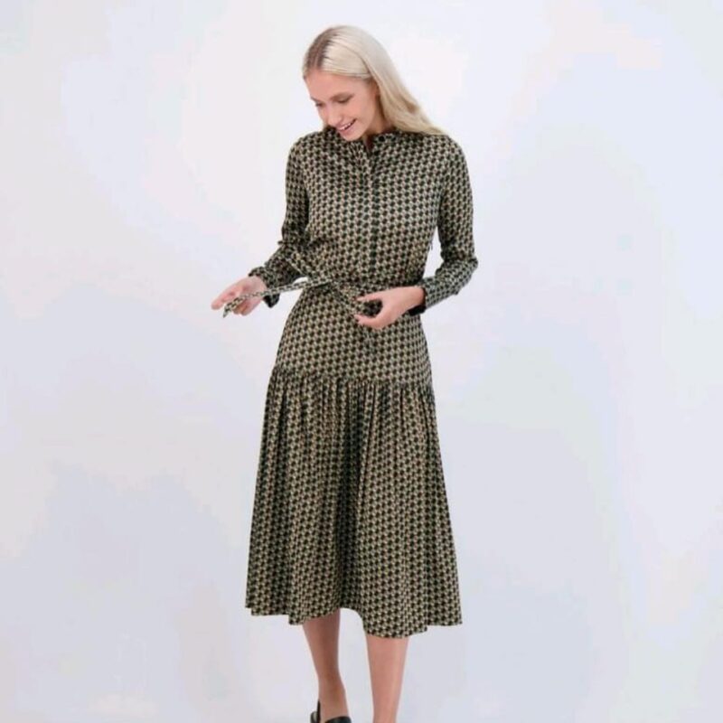 Geometric Print Shirtdress - Elegant Long Sleeve Midi with Tie-Waist