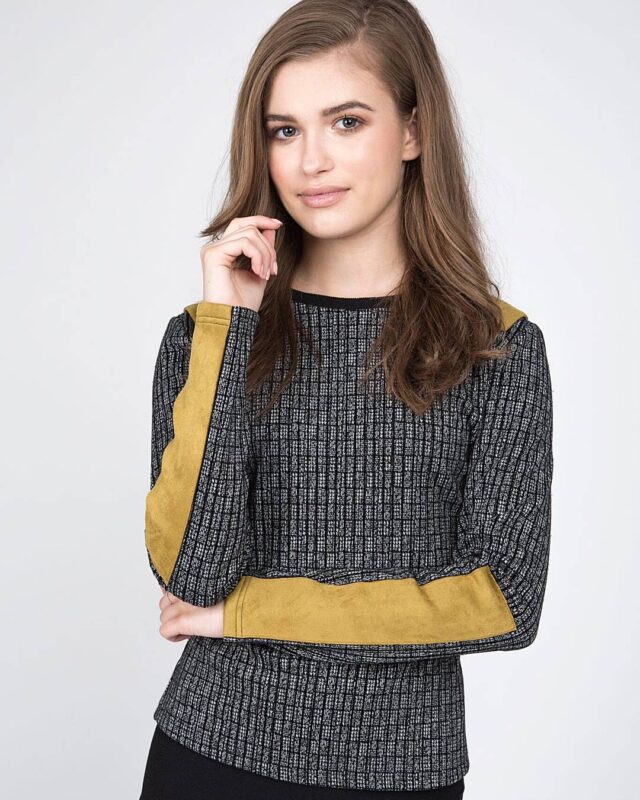 Mustard Suede Accent Top - Grid Pattern Long Sleeve Top with Suede