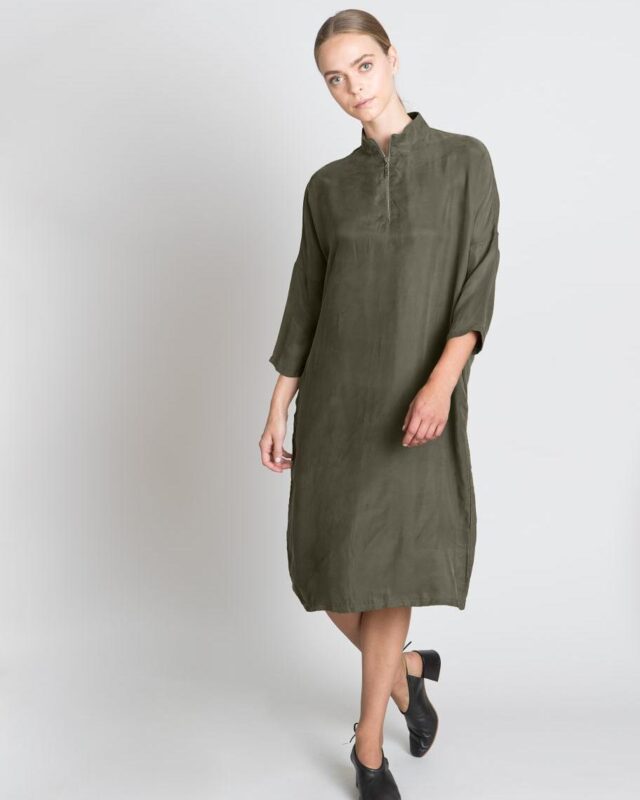 Olive Green Linen Blend Midi Dress - Stand Collar & 3/4 Sleeves