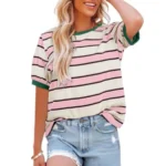 PinkWhite Striped Green Trim T-shirt