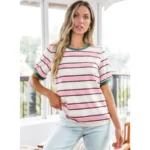 PinkWhite Striped Green Trim T-shirt - Image 3