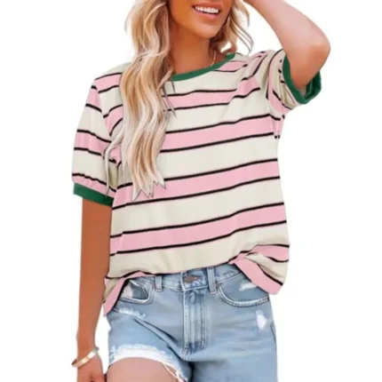 PinkWhite Striped Green Trim T-shirt