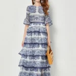 Porcelain Print Flare Sleeve Tiered Maxi Dress
