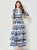 Porcelain Print Flare Sleeve Tiered Maxi Dress - Image 3