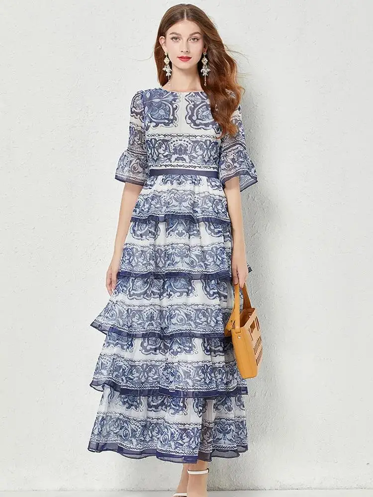porcelain-print-flare-sleeve-tiered-maxi-dress Porcelain Print Flare Sleeve Tiered Maxi Dress - Image 1