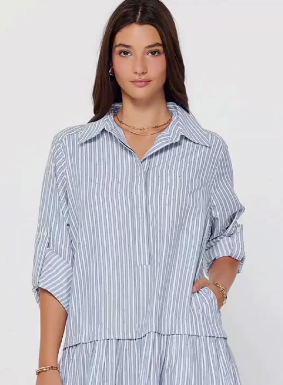 striped-roll-tab-sleeve-tiered-dress Striped Roll-Tab Sleeve Tiered Dress - Image 1