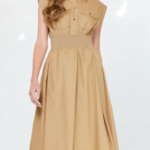 Tan Crisp Cotton Blend Shirtdress