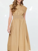 Tan Crisp Cotton Blend Shirtdress