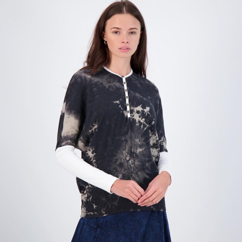 Tie-Dye Henley Top with Contrast Sleeves - Relaxed Fit - Image 2