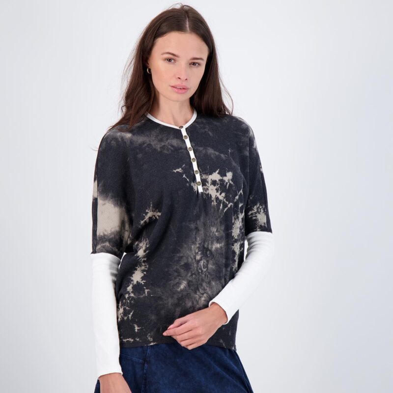 Tie-Dye Henley Top with Contrast Sleeves - Relaxed Fit